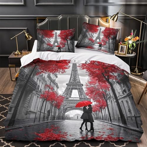 Paris Landmark Weich 3D Gedruckt Bettwäsche 3 Teilig romantic Pink Blütenmuster Bettbezug mit Reißverschluss mit Kissenbezug Hautfreundlich for Erwachsene,Frauen,Mädche n,Kinder Single?135x200cm?