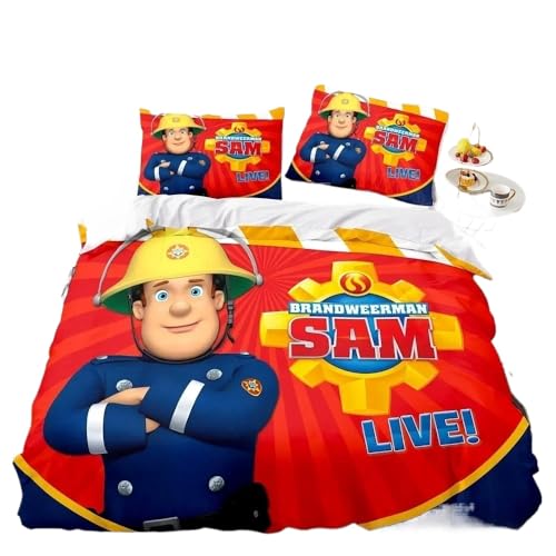 GOUVKEY Cartoon-bedrucktes Feuerwehrmann-Bettwäsche set „Feuerwehrmann Sam“ HD-Bettbezug Bettwäsche für Kinder Bettwäsche-Sets Schlafzimmerdekoration (135x200cm+80x80cmx,2)