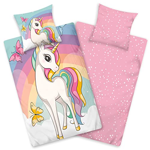 Aminata kids Bettwäsche 135 x 200 Einhorn-Motiv Mädchen Baumwolle, Reißverschluss, Kinder-Wende-Bettwäsche- Set Unicorn Regenbogen rosa Aminata kids Bettwäsche 135 x 200 Einhorn-Motiv Mädchen Baumwolle, Reißverschluss, Kinder-Wende-Bettwäsche- Set Unicorn Regenbogen rosa