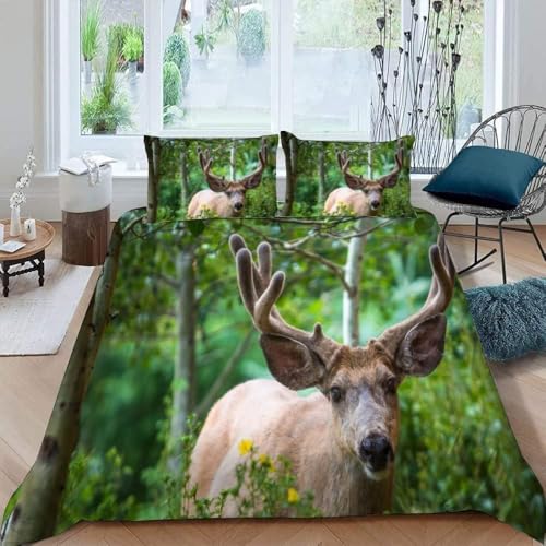 Bettwäsche 140x200 Hirsch 3D Druck Bettbezug 140x200 Wilde Tiere Bettwäsche-Sets Weiche Mikrofaser Bettwäsche Set 3 Teilig Bettbezüge für Einzelbett mit 2 Kissenbezüge I-3188