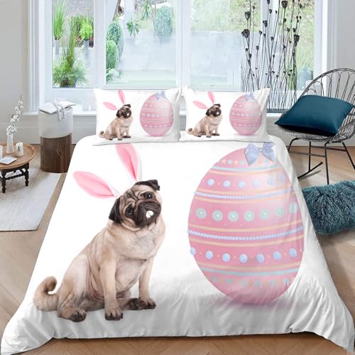 MOXINO 3D Ostern Bettwäsche 135x200 cm 2teilig Mops Bettwäsche für Kinder Leicht Mikrofaser Bettbezug Sommer Weiche Bettbezüge mit Kissenbezüge 80x80?Motiv 2-4?