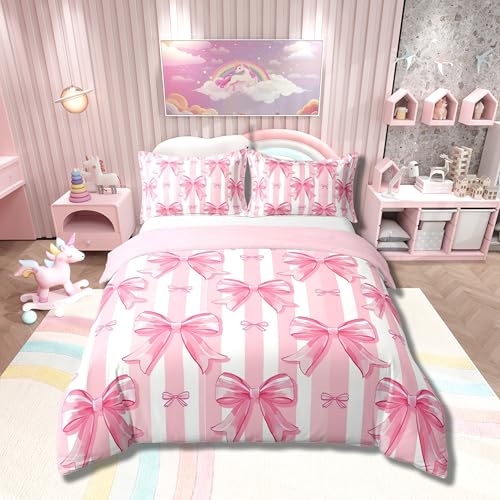 Loussiesd Rosa Bowknot Bettwäsche Set 135x200cm Träumende Prinzessin Bowknot Betten Mädchen Schlafzimmer Zimmer Dekor Nette Bow Girly Bettbezug Kawaii Geometrische Fliege Bettwäsche-Set