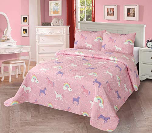 KIDS ZONE HOME LINEN 3-teiliges Bettwäsche-Set für Doppelbetten, Kinder/Teenager, Mädchen, Einhorn-Design, Regenbogenfarben, Rosa, Lila, Weiß