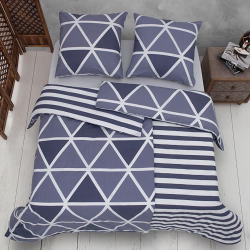 Vency Bettwäsche 135x200 4-Teilig Blau - Oeko-TEX 80% Baumwolle & 20% Polyester, 2X Bettbezug Reißverschluss + 2X Kissenbezug 80x80 Umschlagverschluss, Stripe Modell