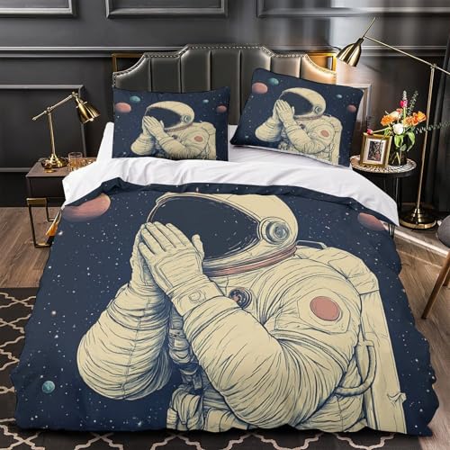 FPAKAKIIE Astronaut im Weltraum 3D Bedruckt Deckenbezug 3teilig Mikrofaser atmungsaktiv Science-Fiction-Illustrat ion Bettdeckenbezug 2 Kissenbezüge pflegeleicht Erwachsene Familie Double?200x200cm?