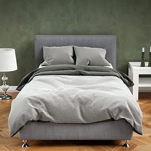 Leonado Vicenti Teddy Plüsch Bettwäsche 155x200 + 80x80 cm Warme Winter Uni Wende Garnitur Set Cashmere Touch Silber Anthrazit