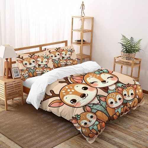 XIKMLSID Hirsch Bettwäsche 3-Stück-Set,Mikrofaser,3 D niedliche Tiere Kissenbezug Mit Reißverschluss,100% Baumwolle Für Erwachsene Und Kinder Geeignet Double?200x200cm?