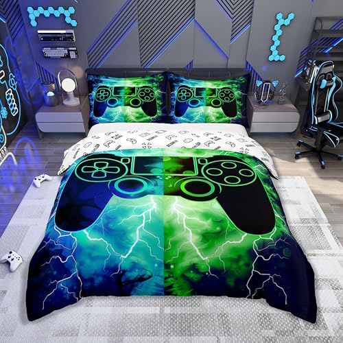 Loussiesd Gamer Gaming 100% Baumwolle Bettwäsche Set 135x200cm Blitze Gamepad Betten für Spielkonsole Betten Grün Blau Modern Bettwäsche-Set
