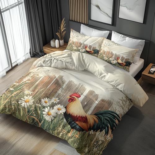 Generisch Bettwäsche 155x220 Huhn Gänseblümchen Blumen, Weiche Bügelfreie Mikrofaser Bettbezug Set 2tlg, Country Landhaus Muster Schlafzimmer Deko, 1 Kissenbezug 80x80, mit Reißverschluss OG61