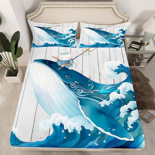 Sea Whale Spannbettlaken L Größe,Cute Cat Pirate Bettwäsche Set,Lustig Ocean Tiere Bettlaken,Kinder Mädchen Jungen Teens,Weiße rustikale Bauernhaus Holz Tiefe Tasche Blatt,2 Kissenbezug