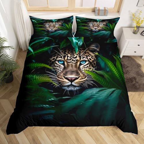 SJSXWQN Bettwäsche 155x220 GrüNer Leopard Bettwäsche-Set mit Reißverschluss Schließung für Kinder Jugendliche Weicher Atmungsaktive Mikrofaser Bettbezug + 2 Kopfkissenbezug 80x80 cm