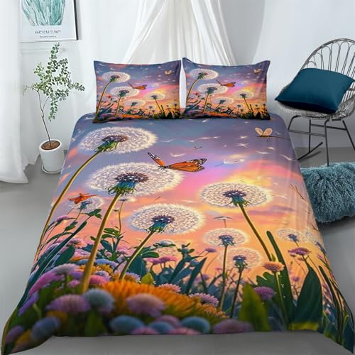 Proxiceen Löwenzahn Pflanzen Bettwäsche 200x200cm 3 teilig, Pusteblume Sonnenuntergang Bettbezug mit Reißverschluss, Weich Bügelfrei,Bettwäsche Set Microfaser mit 2 Kissenbezug 80x80 cm