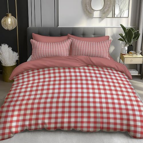 DLERFLOVR Bettwäsche 155x220cm 3teilig Bettbezug Retro-Stil - Bettwäsche-Sets Rot-weiß kariert mit 2 Kissenbezüge 80x80cm, Wendebettwäsche mit Reißverschluss, Bohnenpastenfarbe