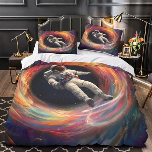 MQBASHIRP Astronaut im Wirbel 3D Bedruckt Bettbezug 3teilig Mikrofaser fleckenfest Weltraumfantasie Deckenbezug 2 Kissenbezüge versteckter Reißverschluss Paare Familie Single (135x200cm)