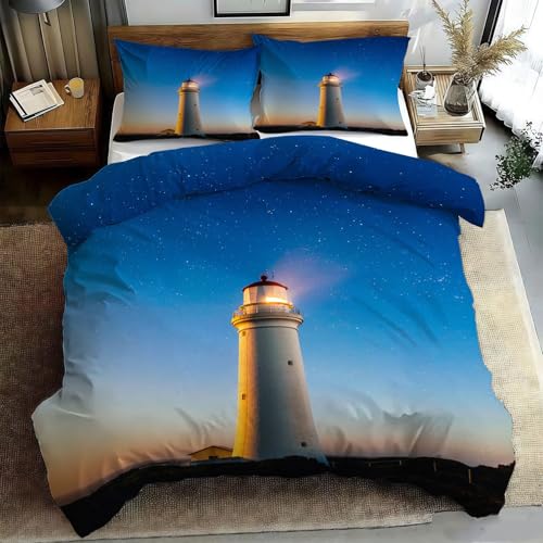 Bettwäsche 135x200 Romantischer Sternenhimmel Bettbezug 135x200 Leuchtturm Bettbezug mit 2 Kissenbezüge 80x80cm, Bettwäsche-Sets Microfaser mit Reißverschluss b1046