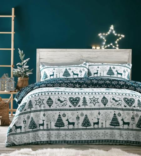 Homemaker Bedding Weihnachts-Bettwäsche-Se t, blaugrün, weiß, Rentiere, Hirsch, Herzen, Weihnachtsbäume, festlicher Bettbezug (Doppelbett)