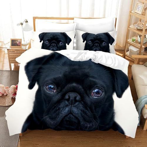 Generisch Bettwäsche 135x200 Mops Bettwäsche-Sets 3D Prin-Kinderbettwäsche 135x200 cm – Mikrofaser-1Bettbezug + 1 Kissen 80x80, für Mädchen Jungen weich & pflegeleicht 512W10Q0788