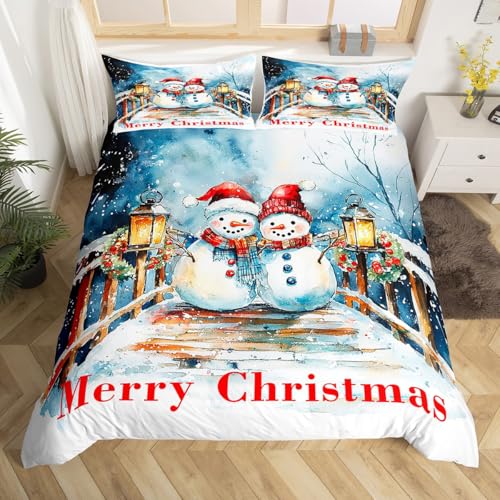 Aquarell Weihnachten Bettbezug Set S Größe, Kawaii Weihnachten Schneemann Beere Druck reversible Tröster Abdeckung (nicht Tröster), Cartoon Happy New Year Thema Polyester Bettwäsche Set, 2 Pcs