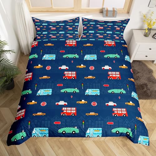 Homewish Kinder Bettwäsche 155x220,Bunt Cartoon Auto Jungen Bettbezug Auto Bettwäsche-Set für Mädchen Teenager,Kinderbettwäsch e Schlafzimmer Dekor Mikrofaser Bett Set Mit 1 Kissenbezug(Blau Rot Grün)
