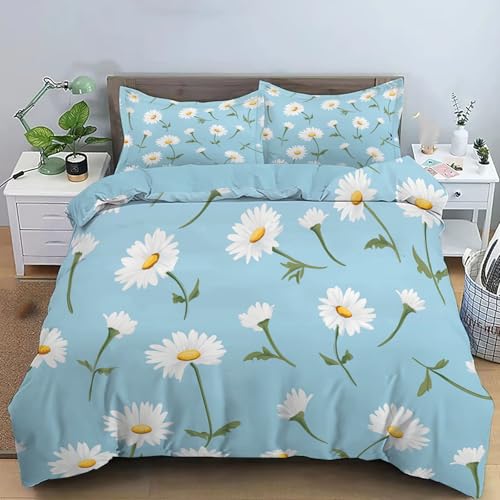 JEDTAKCT Wendebettwäsche 135X200Cm 3Teilig Bettbezug - Bettwäsche-Sets Hellblau Mit 2 Kissenbezüge 80X80 cm, Weich Atmungsaktiv Und Bügelfrei Gänseblümchen-Blumen Retro-Schön Bettbezug