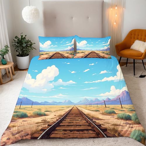 Generisch Eisenbahn -Bergkulisse Bettwäsche 135X200 cm Kinder Junge Mädchen 3D Effekt Bettbezug Jugendliche Bettwäsche-Set Mikrofaser Bettbezug Mit Reißverschluss Und 2 Kissenbezug 80X80Cm