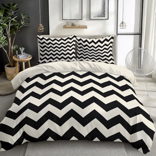 Bettwäsche Set Geometrie Zickzack Schwarzweiß Schwarz Weiß, Weich Und Angenehm Bügelfrei & Knitterfrei Bettbezug Set Mit 80X80 cm Kissenbezug 3Er Set Bettwasche Mit Reißverschluss 155 cm X 220 cm