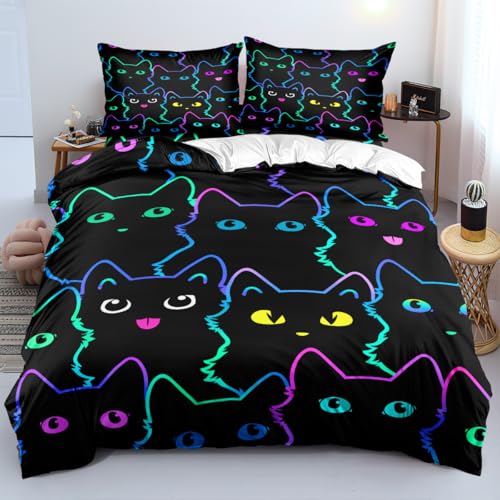 Katzen-Bettwäsche Set für Kinder, Bunte Farbverlauf Bettbezüge für Jungen und Mädchen, inklusive Bettbezug (200x135cm) und 2 Kissenbezügen (80x80cm), niedlich und cartoonartig