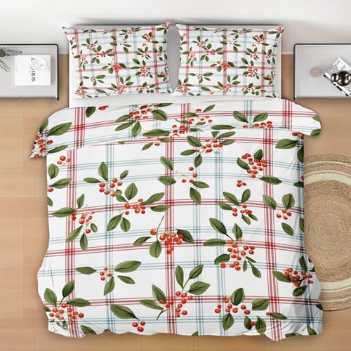 Generisch Rot Beere Bettwäsche 155x220 3 Teilig - Grün Blätter Bettwäsche-Sets, 1 Bettbezüge 155x220cm + 2 Kissenbezüge mit Reißverschluss, Rot Grün Kariert Bettzeug Weich und Bügelfrei H212c