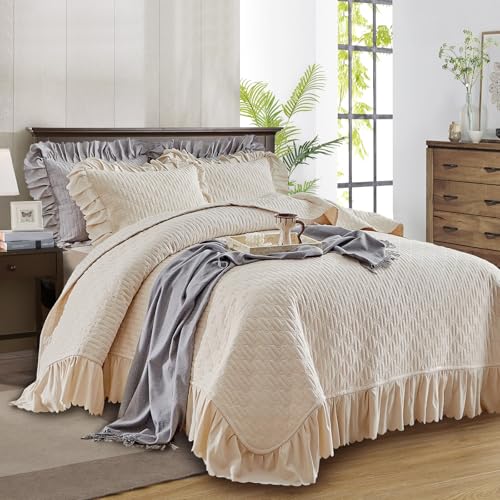 Bettwäsche-Set für King-Size-Betten, 243,8 x 274,3 cm, 3-teilig, einfarbig, Shabby-Chic-Stil, Landhaus-Rüschen, rustikale Decke, leicht, flauschig, Sommer, übergroß, gerüscht, Tagesdecke mit