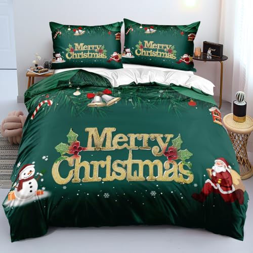 Luowei Bettwäsche Weihnachten 220x240 Grün Gold 3D Weich Christmas 3 Teilig für Jugendliche Jungen Kinder Mit Reißverschluss und 2 Kissenbezüge 80x80 cm