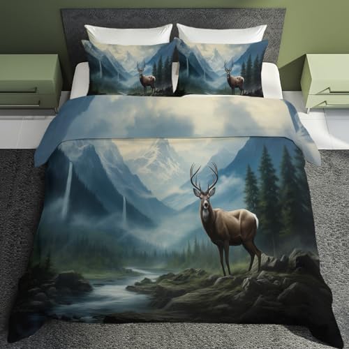 Luxfieo Hirsch Deko - Hirsch Bettwäsche 135x200 Winter, Wilde Waldtiere REH Bettbezug 135 x 200 2er Set mit 1 Kissenbezug 80x80, Weiche Mikrofaser Winterbettwäsche mit Reißverschluss R&*62