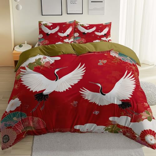 Rot Drucken Bettbezug Bettwäsche Set 200 x 200 cm 3D Druck Orientalische Tradition Tier Kranich Blumen Bettwäsche-Set, für Erwachsene, Jungen und Mädchen Deluxe Mikrofaser Weiche Bettbezug