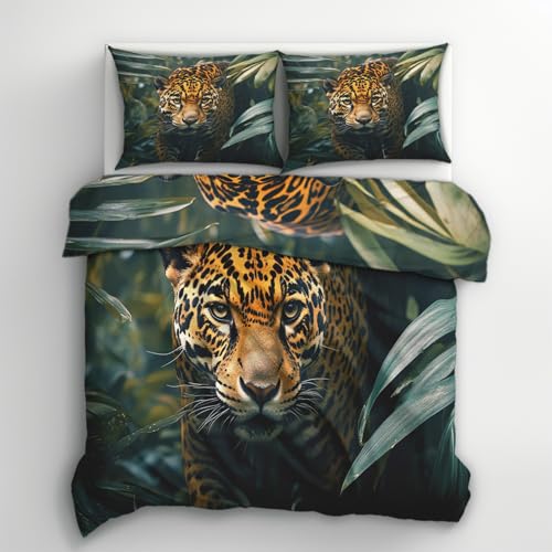 Generisch Sommer Bettwäsche 135x200 Leopard Motiv - Wildtiere Bettbezug und 1 Kissenbezug 80x80, Weiche Bügelfreie Mikrofaser Deckenbezug 2er Set mit Reißverschluss, Wendebettwäsche & Deko N&-1038