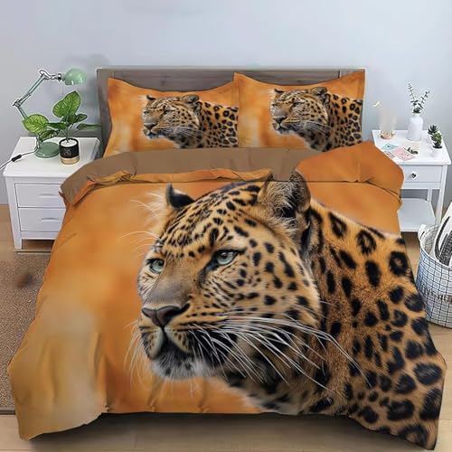 TaRvit Bettwäsche 200x220 Leopard Bettwäsche 200x220 Orange 3 teilig Set, Mikrofaser Bettwäsche Set und 2 Kissenbezug 80x80, Weiche Atmungsaktive Bettwäsche-Sets mit Reißverschluss