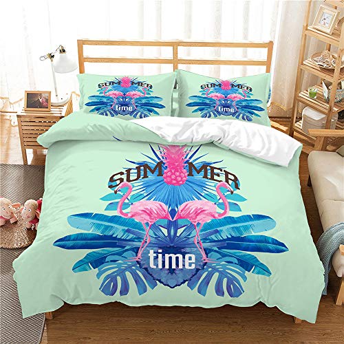 Bettbezug Und Kissenbezug Aus Polyester-Baumwolle Rosa, Grüner Flamingo Einzelbett, King-Size-Bett, Reißverschluss, Antiallergisches Bettwäscheset (Style 06,King(220x240cm))