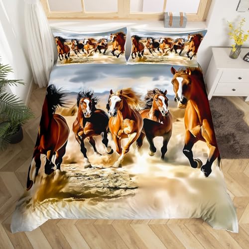 Loussiesd Jugendliche Pferd Bettwäsche Set 155x220cm Kinder Wilde Tiere Drucken Bettwäsche-Set Wüstenpferd Bettbezug Set Mikrofaser Jungen Schlafzimmer Dekor Pferd Betten Set mit Reißverschluss
