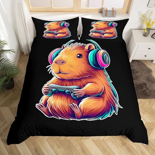 Homewish Cooler Gaming Capybara Sachen Bettwäscheset 135x200cm Nette Capybara Lustige Videospiele Gamer Bettbezug Kinder Farbverlauf Headset Trendkunst Dekor Teenager Bettwäsche Tierliebhaber Bettset