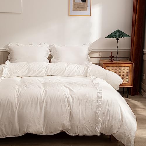 Sedefen Rüschen Bettwäsche Set 200 x 220cm 3 Teilig Weiß Unifarben Romantische Rüschenbettwäsche Set Rüschen Fransen Dekor Weich Mikrofaser Bettbezug Set mit Reißverschluss und 2 Kissenbezug 80x80cm