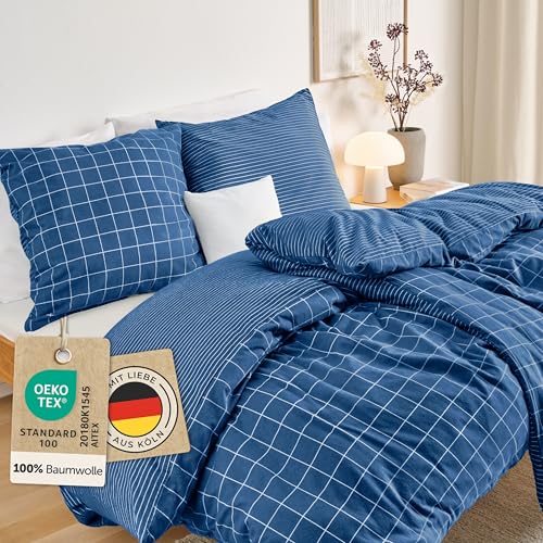 Blumtal Biber Bettwäsche 155x220cm + 2x 80x80cm Baumwolle 3teilig - Flanell Bettwäsche Baumwolle 155x220 cm OEKO-TEX zert. & ultra weich - 60 °C waschbare Winterbettwäsche mit edlem Wendedesign - Blau