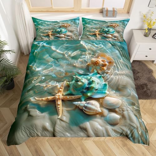 Homewish Hawaii Strand Bettwäsche 155x220 Blau Ozeanwellen Bettbezug Tropische Seesterne Muschel Jungen Mädchen Bettwäsche Set Unter Meer Meeresleben Küstenkreatur Bettset 1 Kissenbezug Zimmerdekor