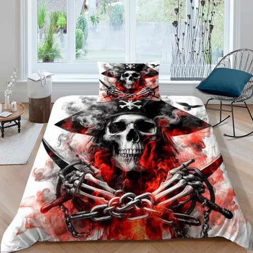 HOGDISAJD Pirate Skelett Bettwäsche Weiche Feder Rauch 3D Gedruckt Bettdeckenbezug Mit 1 Kopfkissenbezüge Luxus Bettbezug Set 2teilig Zimmer Dekorative Single?135x200cm?