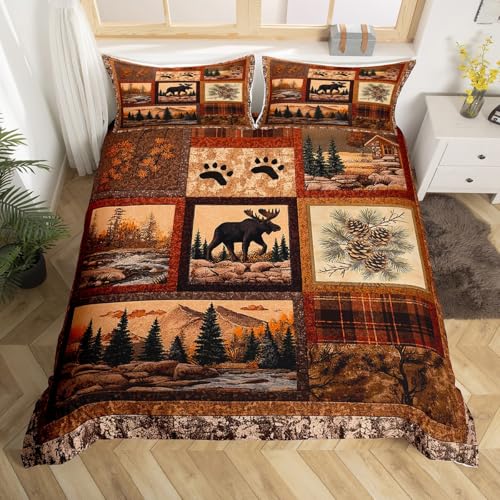Homewish Jagd Hirsch Elch Bettbezug für Kinder Teenager Erwachsene,Kabine Lodge Bettwäsche 135x200,Rustikales Bauernhaus Tröster Abdeckung,Patchwork Bett mit 1 Kissenbezug Schlafzimmer Dekor
