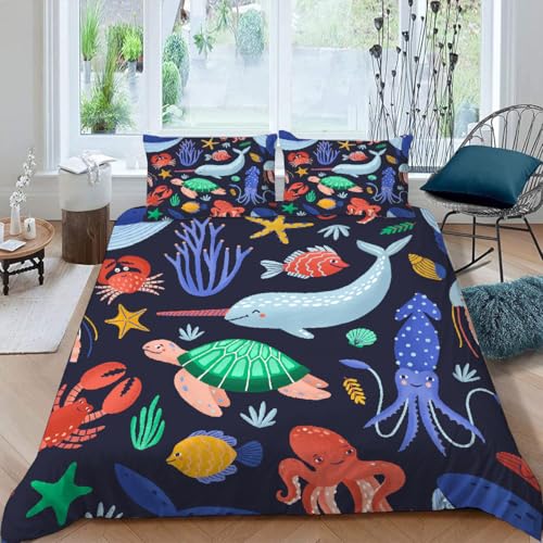MOXINO 3D Maritime Bettwäsche 155x220 cm 3teilig Delfine Meeresschildkröten Bettwäsche für Teenager Leicht Mikrofaser Bettbezug Sommer Weiche Bettbezüge mit 2 Kissenbezüge 50x75?Muster 129-4?