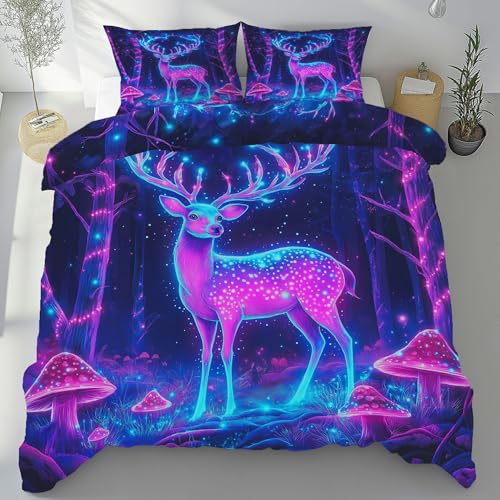 Tyafsgvqo Neon Hirsch Bettwäsche 135x200 cm 3 Teilig, Fantasy Waldtiere Bettbezug Weich Bügelfrei Atmungsaktiv, Wildpflanzen Pilz Bettwäsche Set, Wendebettwäsche mit 2 Kissenbezug 80x80 cm