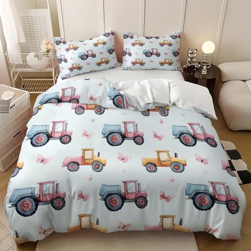 3 Teilig Bettwäsche 200x200 cm Cartoon Traktor Muster Weiche Microfaser Bettdeckenbezug für Erwachsene Kinder Blau Bettbezug Set und 2 Kissenbezüge 80x80 cm für Doppelbett