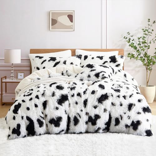 Covebett Plüsch Bettwäsche 220x240 Schwarz Weiß Warm Winter Langhaar Flauschig Bettbezug Coral Fleece Flanell Fluffy Kunstfell Wendebettwäsche Set 3 Teilig mit Reißverschluss und Kissenbezüge 80x80 cm
