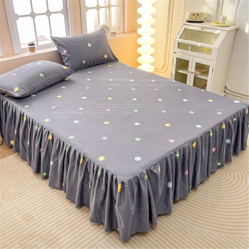 Highdi Betthusse Bettrock Bettvolant, Elastische Bettwäsche mit Rüschen, Rüschen Bettwäsche mit Plattform,Blumenmuster Bed Skirt Bettrock Umwickeln mit Elastischem Gürtel (Blümchen,180x200cm)