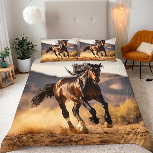 Bettbezug 135x200 Set Braunes Pferd Motiv Bettwäsche 135x200 3-teilig Wüste Natur 3D Druck Mikrofaser Bettbezügen mit 2 Kissenbezügen 80x80 cm und Reißverschluss Eckbänder