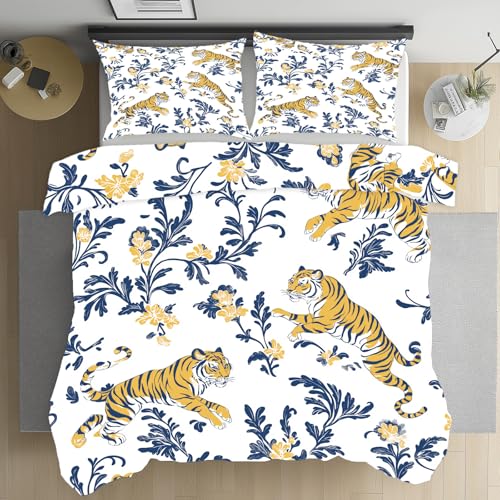 RRUxiia Bettwäsche 155x220cm Tiger Tierwelt Anlage Bed Linen Set Tier Blumen Pflanzendrucke Bettbezug Sets mit 2 Kissenbezüge 80x80 cm, Weich Atmungsaktiv, Mit Reißverschluss für Jungen und Mädchen