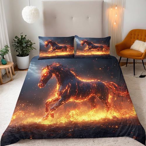 Bettwäsche 155x220 cm 3D Dunkler Stil Flamme Pferd Druck Kinder Bettwäsche-Sets 3teilig Mikrofaser Bedding Bettbezug 155x220 Weich Bettbezüge + 2 Kissenbezüge 80x80 Mit Reißverschluss Eckbinder